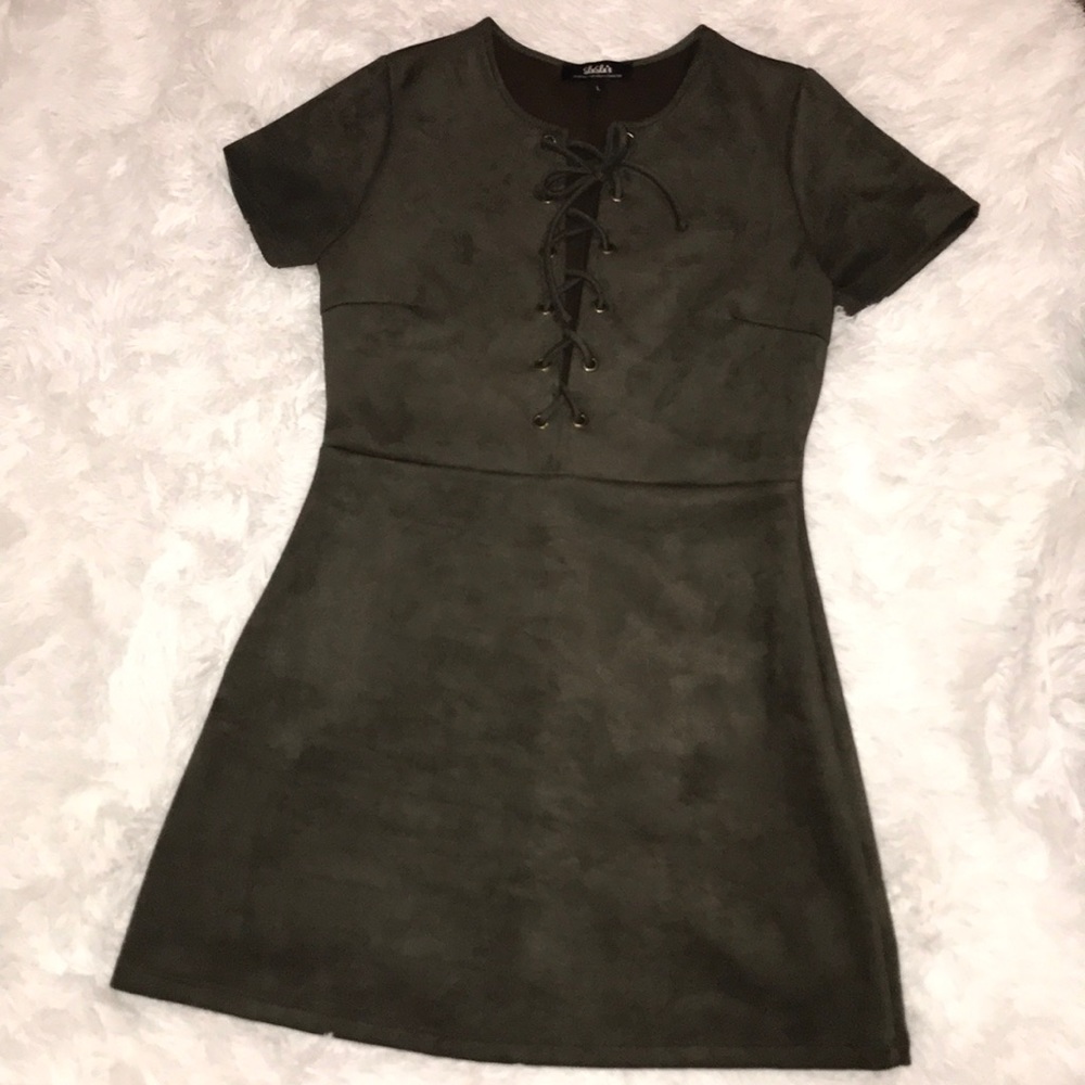 Lulu's Olive Green Lace-Up Suede-Look Midi Dress